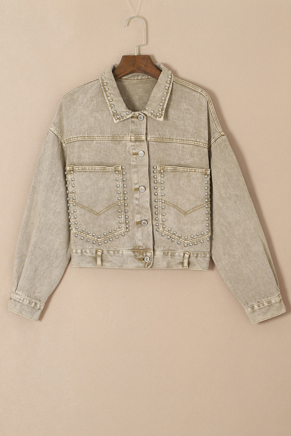 Studded Collared Neck Denim Jacket with Pockets