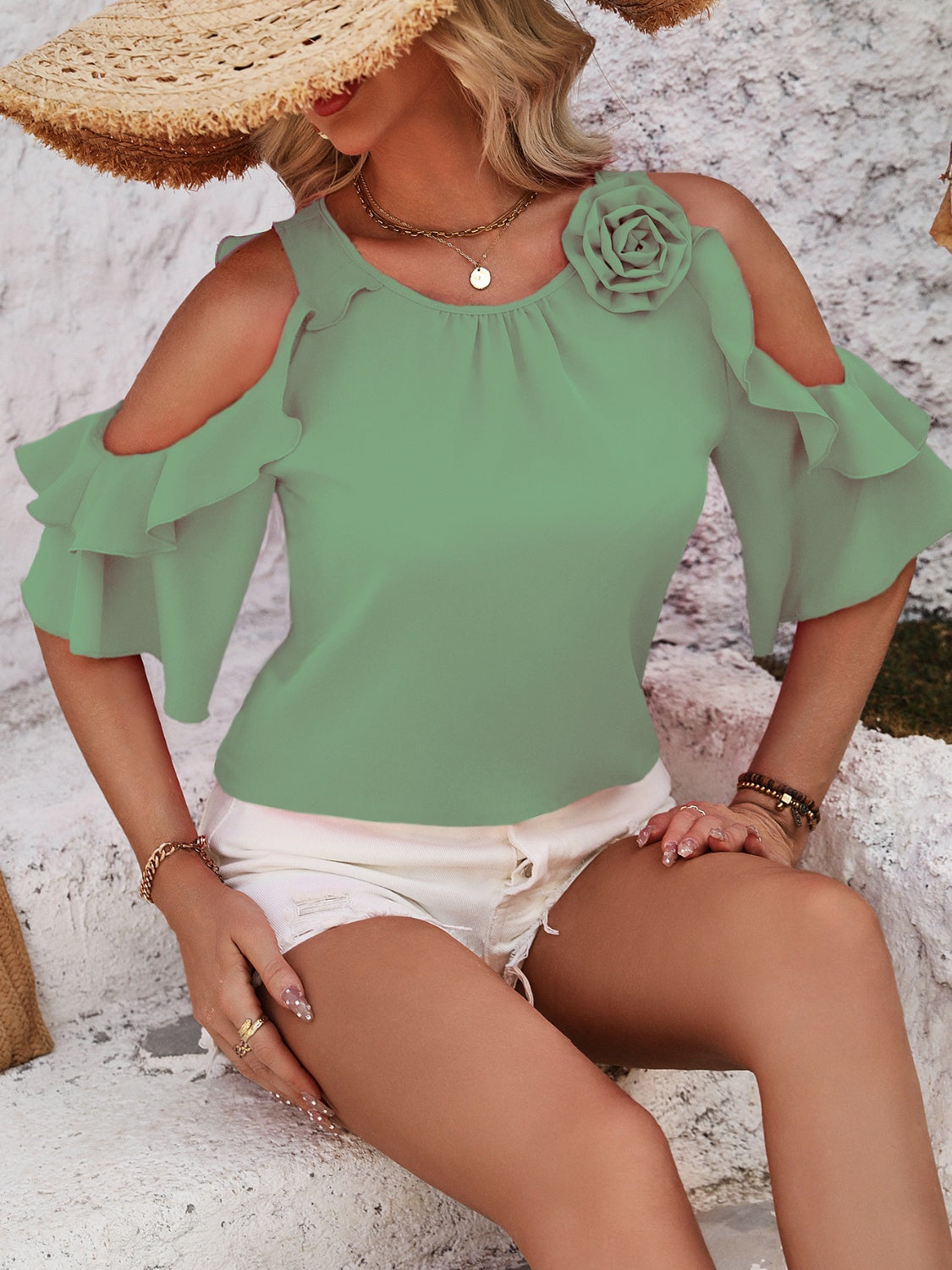 Ruffled Round Neck Half Sleeve Blouse