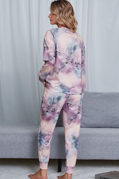 Tie-Dye Crewneck Top and Drawstring Waist Joggers Lounge Set