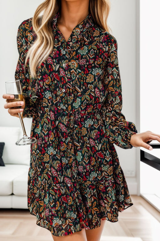 Printed Notched Long Sleeve Dress