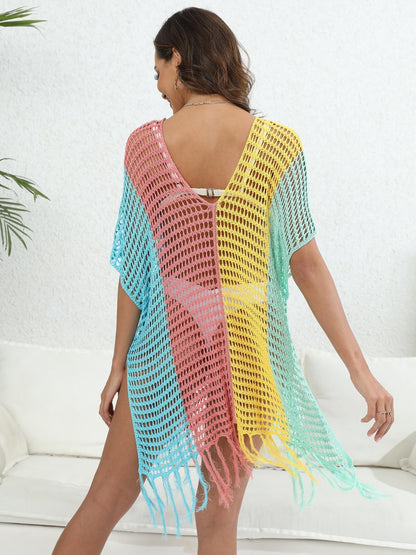 Fringe Color Block Scoop Neck Cover Up