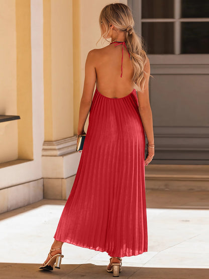 Pleated Halter Neck Sleeveless Dress