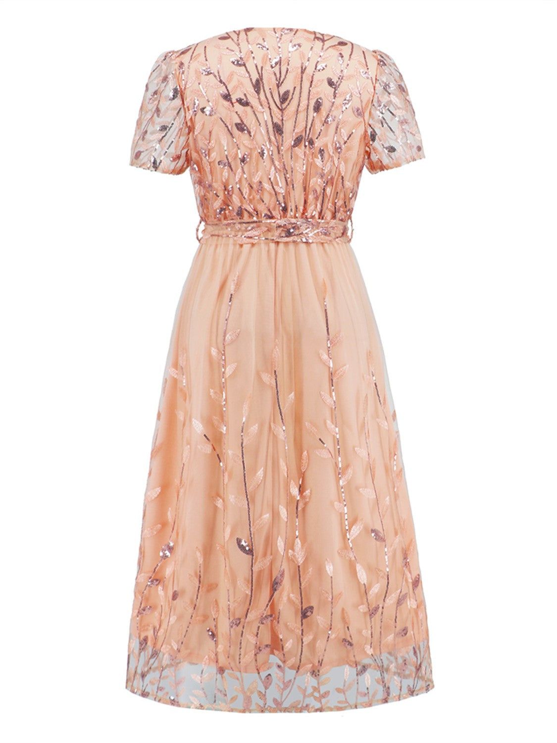 Sequin Leaf Embroidery Tie Front Short Sleeve Dress