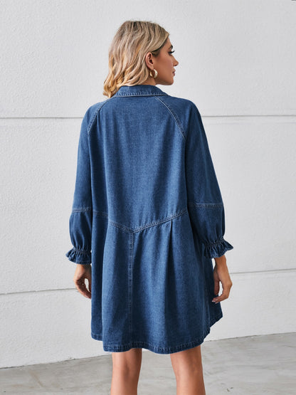 Button Up Flounce Sleeve Mini Denim Dress