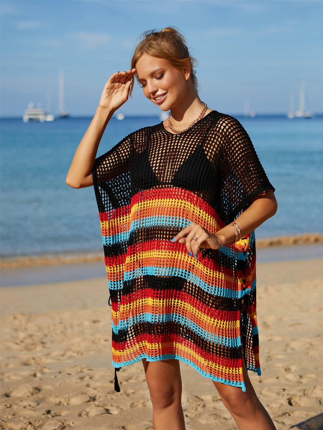 Cutout Striped Cover-Up with Tassel