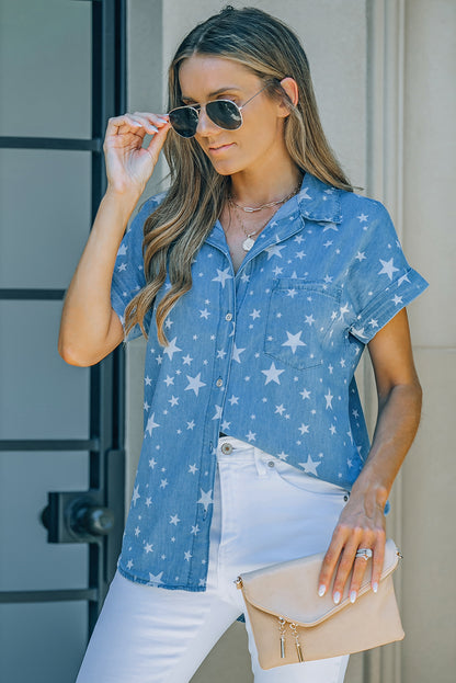 Star Print Button-Up Cuffed Short Sleeve Shirt