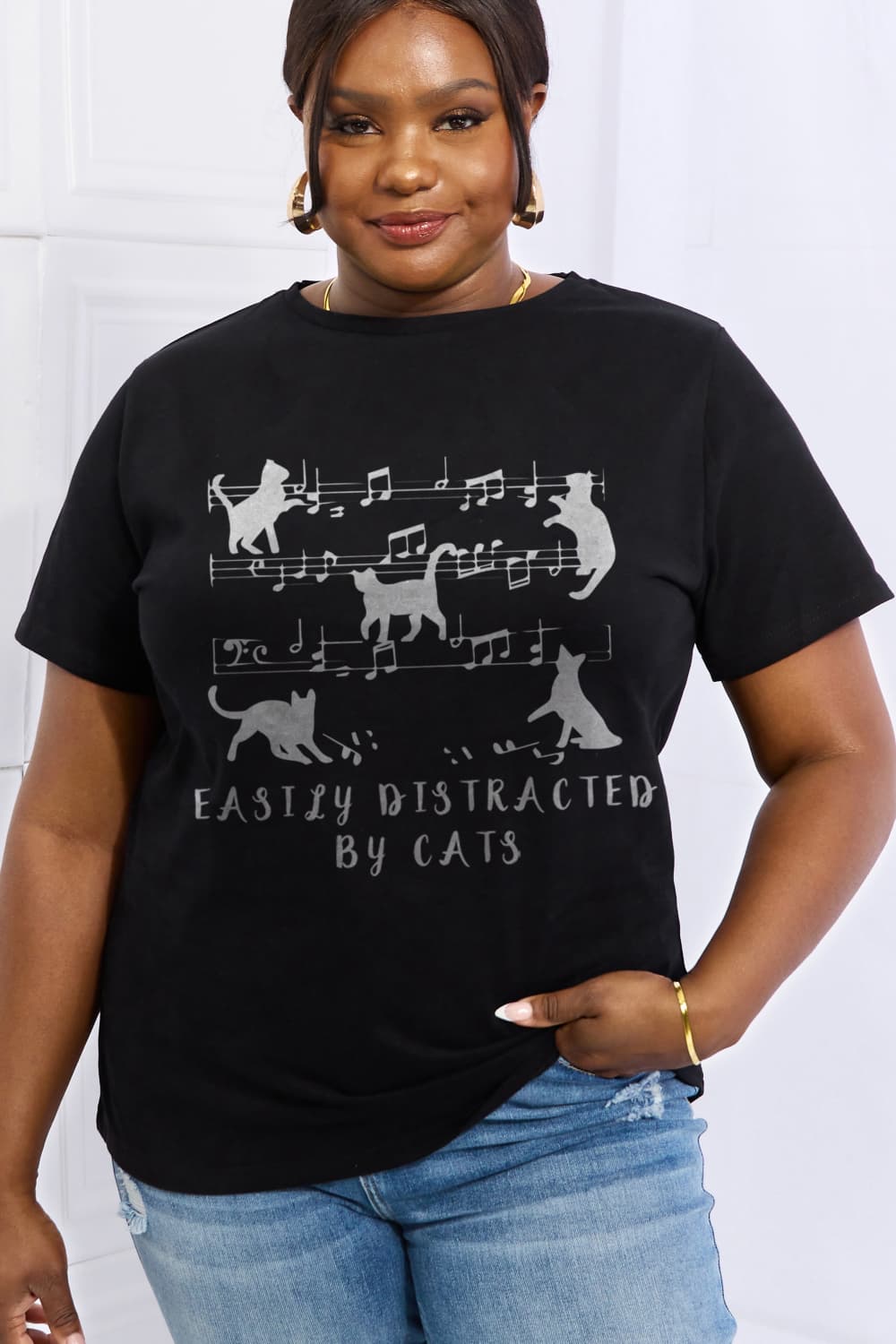 Simply Love Full Size EASILY DISTRACTED BY CATS Graphic Cotton Tee