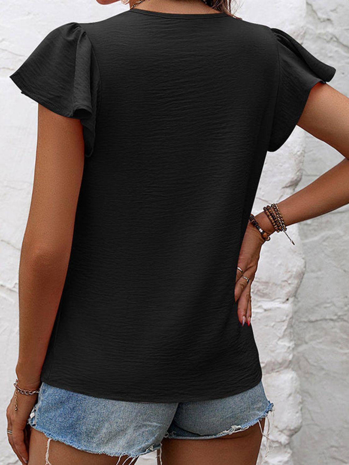 Ruffled Round Neck Cap Sleeve Blouse