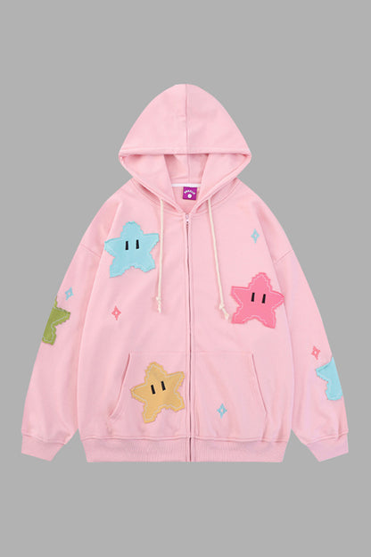 Star Drawstring Zip Up Dropped Shoulder Hoodie