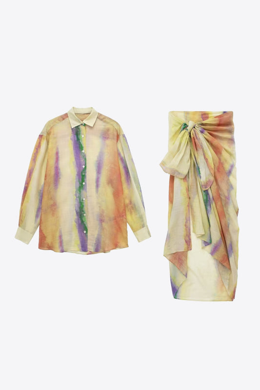 Tie-Dye Long Sleeve Shirt and Tied Skirt Set