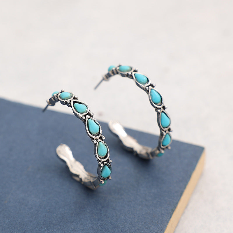 Artificial Turquoise Silver-Plated Hoop Earrings