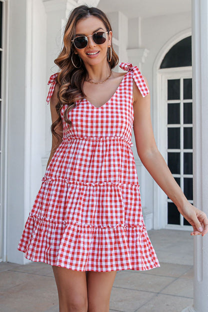 Plaid Tie Shoulder Frill Trim Tiered Dress