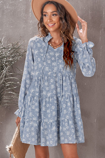 Floral Tie-Neck Flounce Sleeve Tiered Babydoll Dress