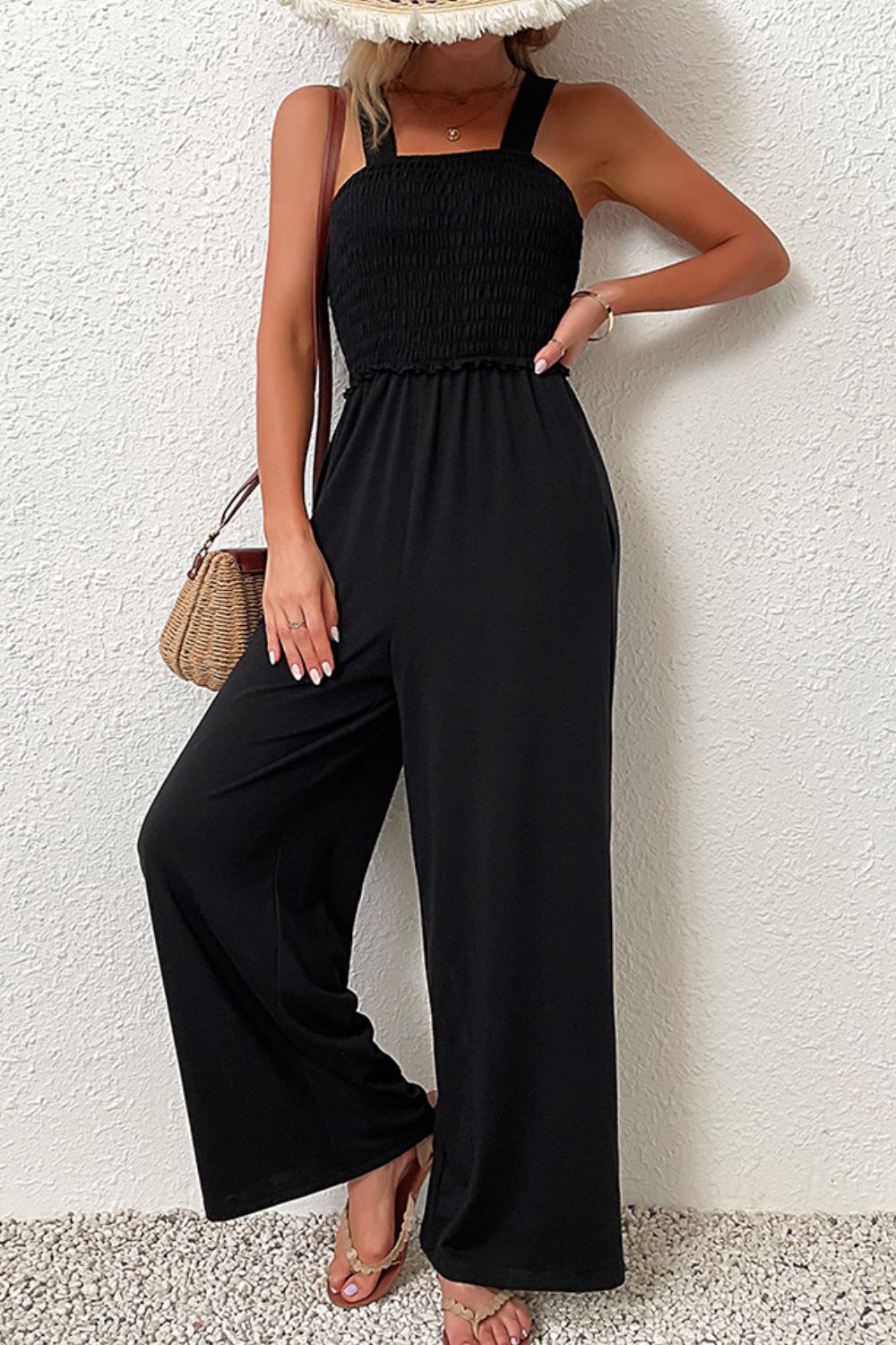 Smocked Sleeveless Wide Leg Jumpsuit with Pockets