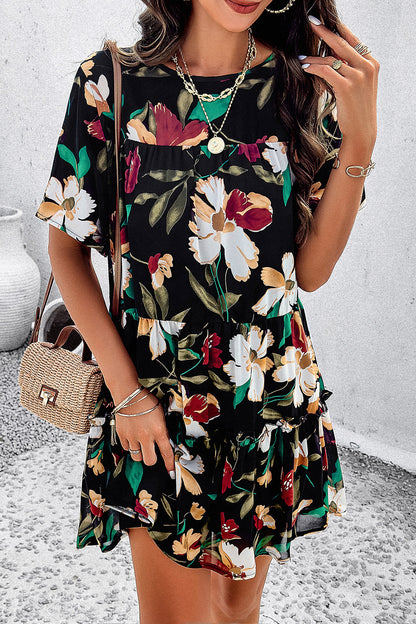 Printed Tiered Round Neck Mini Dress