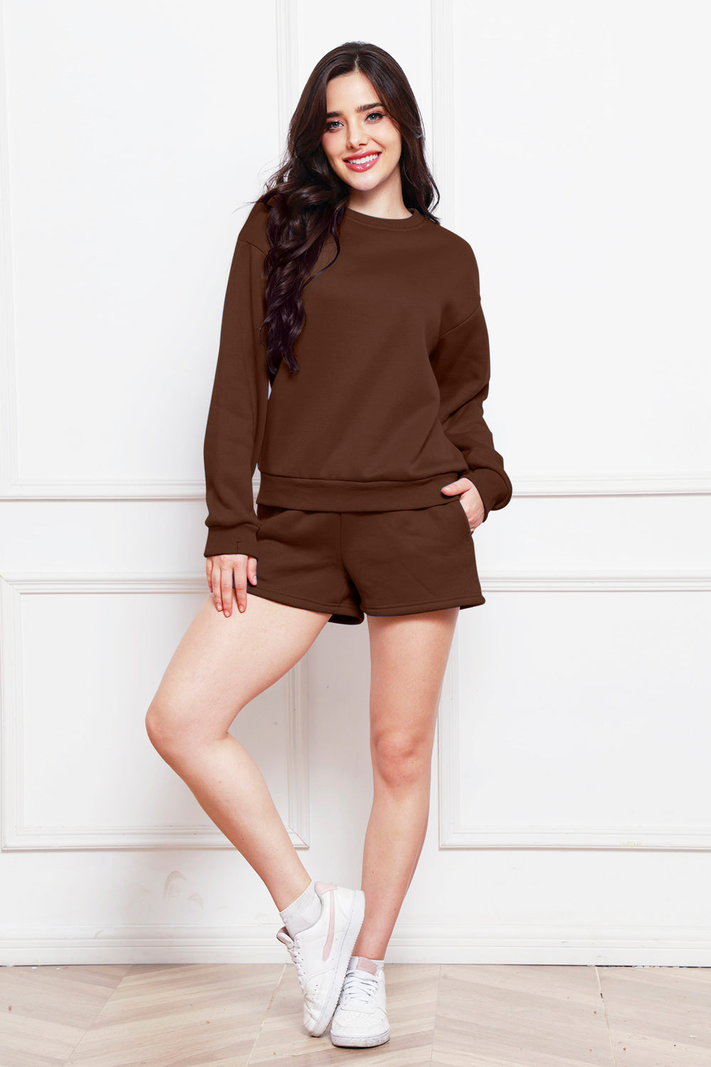 Round Neck Long Sleeve Sweatshirt and Drawstring Shorts Set