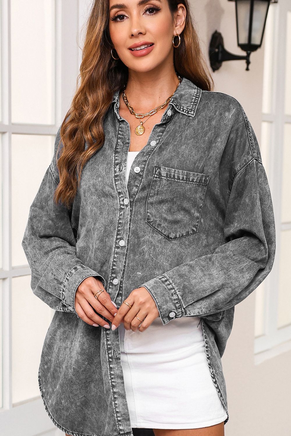 Button Up Dropped Shoulder Denim Top