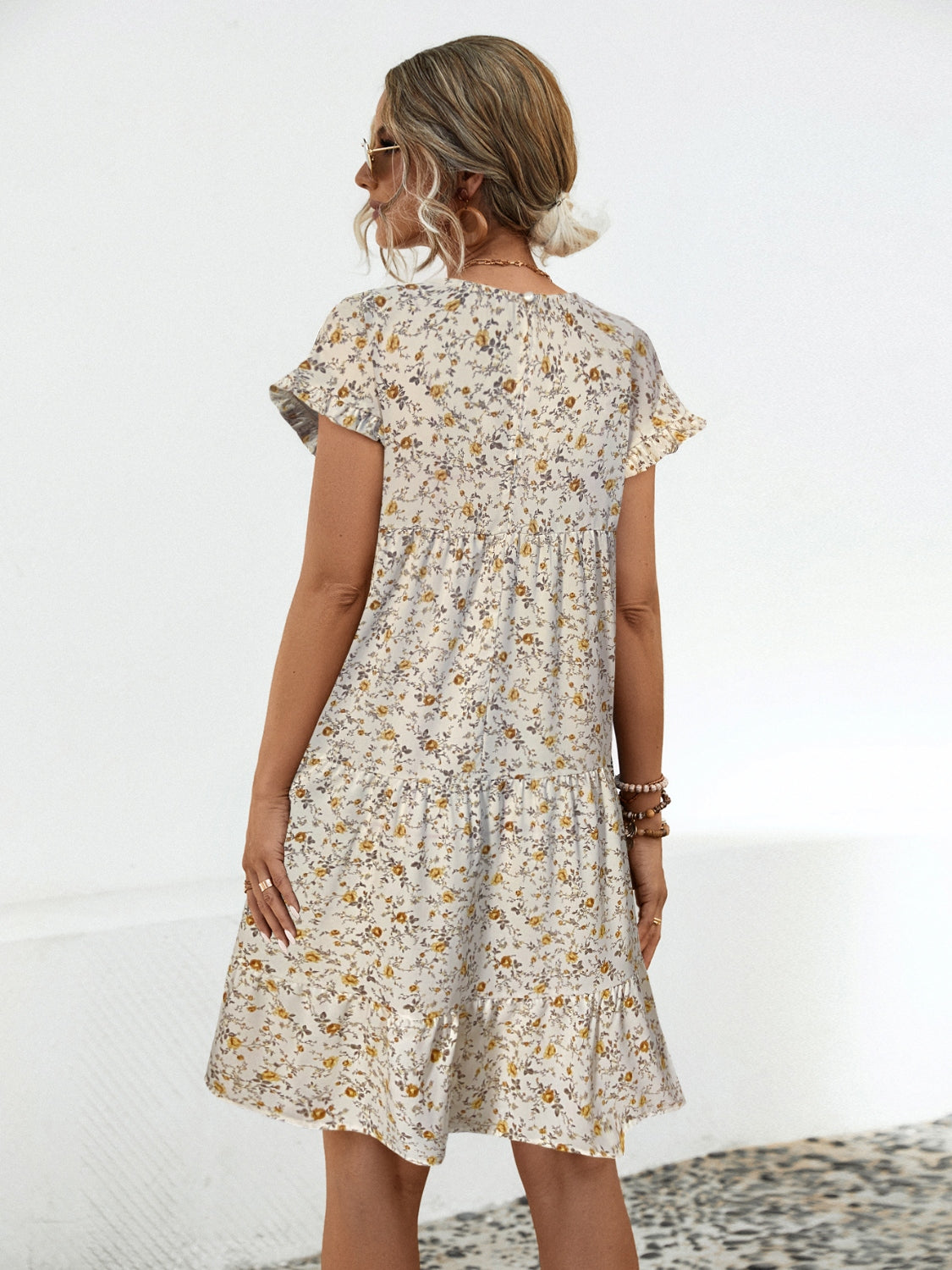 Frill Floral Round Neck Short Sleeve Tiered Dress