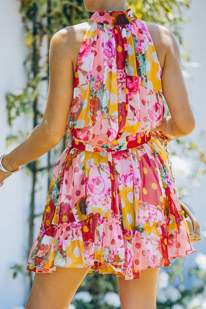 Floral Polka Dot Belted Sleeveless Mini Dress