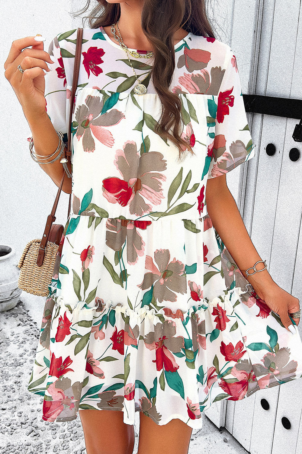 Printed Tiered Round Neck Mini Dress