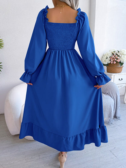 Smocked Square Neck Flounce Sleeve Dress