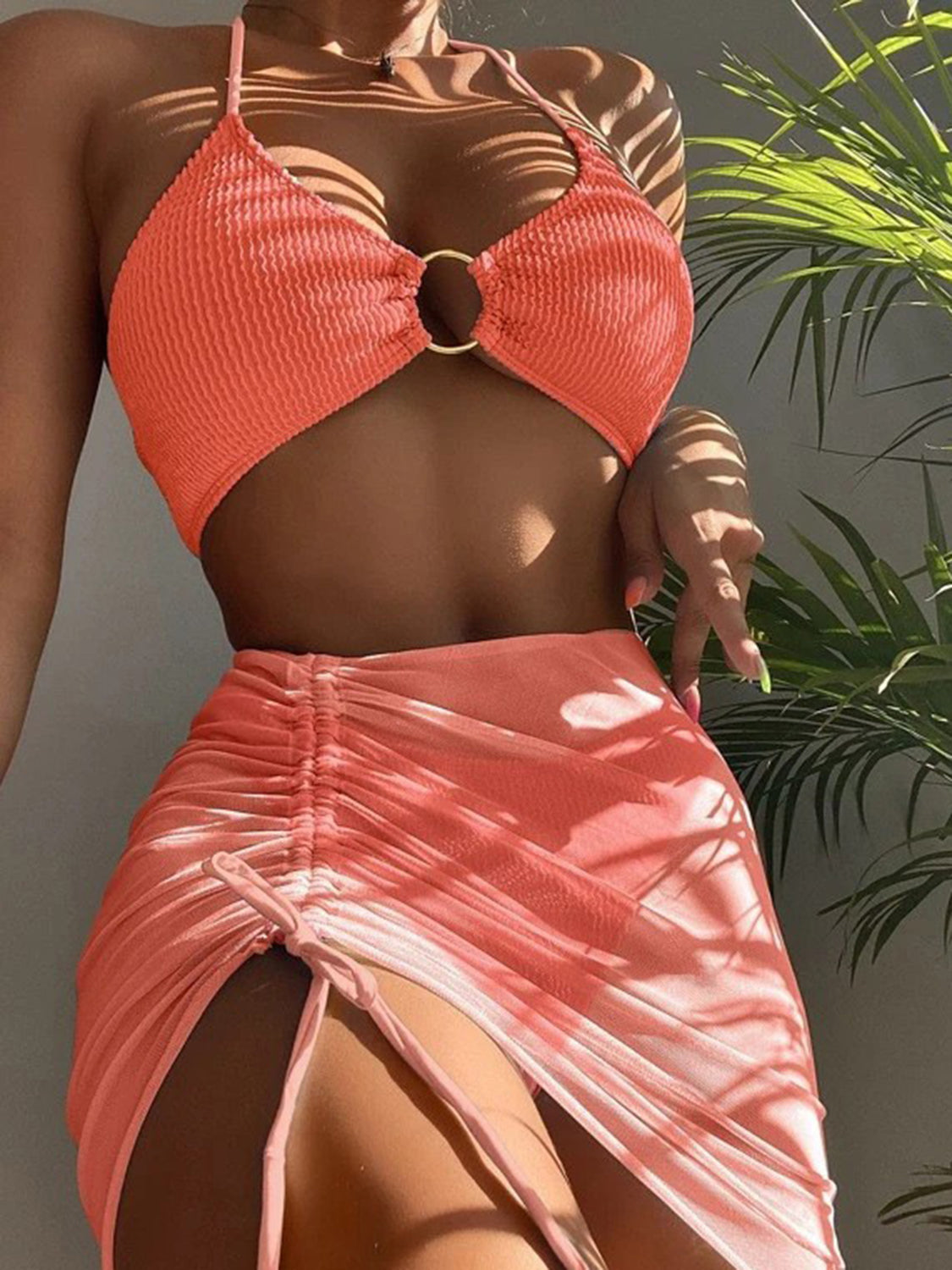 Tied Halter Neck Three-Piece Swim Set