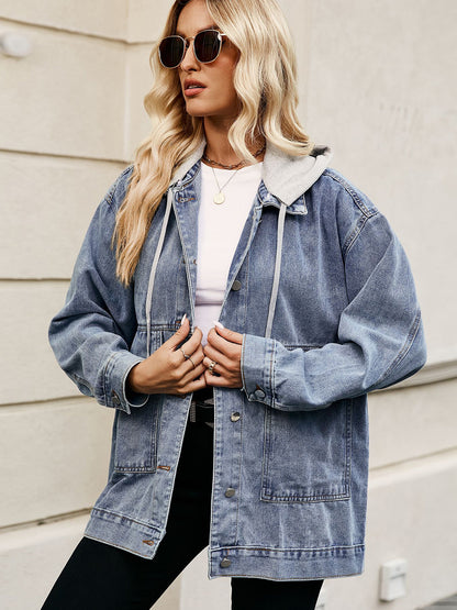 Drawstring Button Down Hooded Denim Jacket