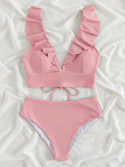 Ruffled V-Neck Sleeveless Two-Piece Swim Set