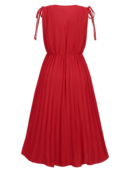 Pleated V-Neck Sleeveless Midi Dress