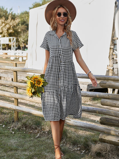 Button Up Plaid Short Sleeve Midi Dress