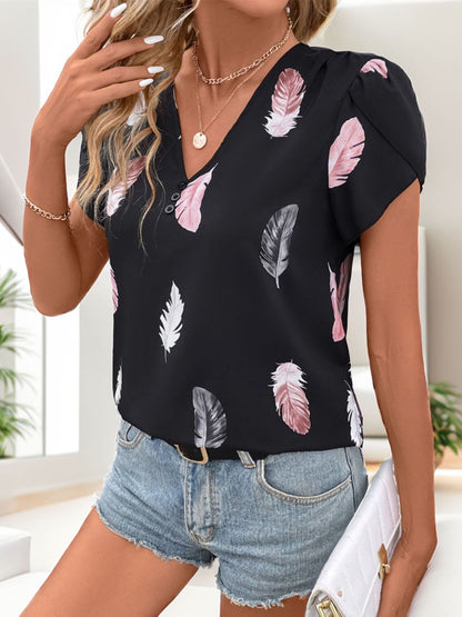 Printed V-Neck Short Sleeve Blouse