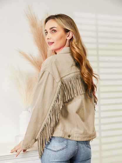 Fringe Detail Dropped Shoulder Denim Jacket