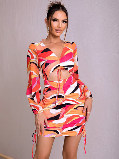 Printed Open Back Cutout Drawstring Mini Dress