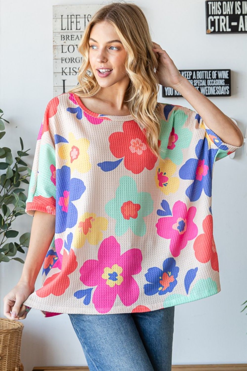 HOPELY Floral Waffle Oversize T-Shirt