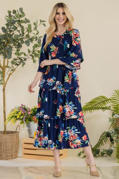 Celeste Full Size Floral Ruffle Tiered Midi Dress