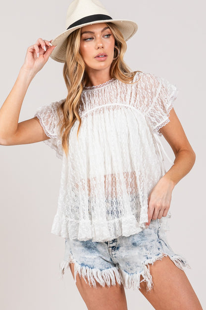 SAGE + FIG Round Neck Short Sleeve Lace Blouse