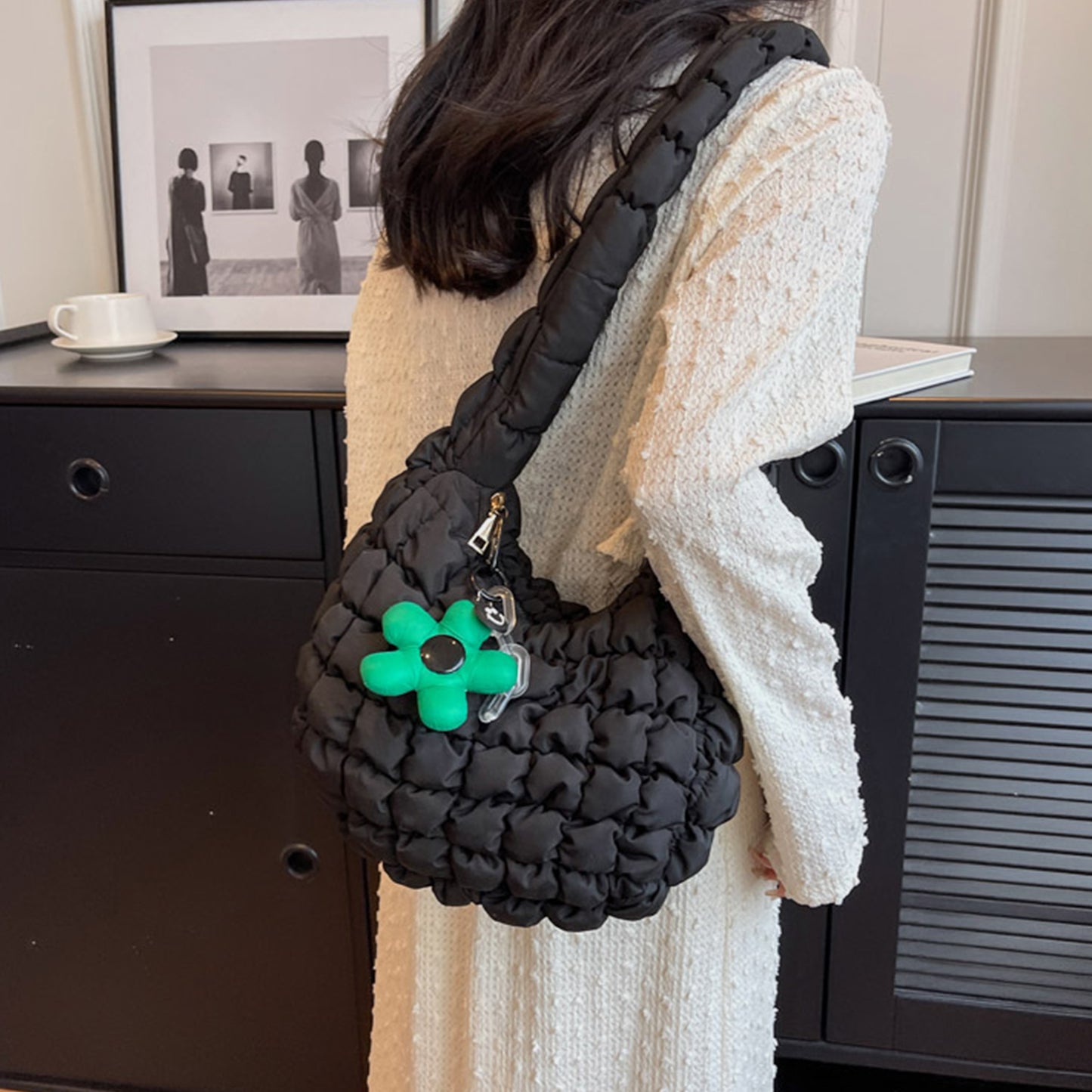 Quilted Shoulder Bag with Flower Pendant