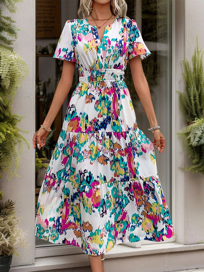 Printed Notched Short Sleeve Midi Dress