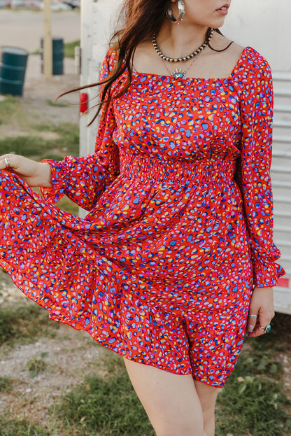 Printed Smocked Flounce Sleeve Dress