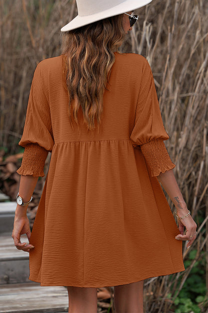 Texture Round Neck Lantern Sleeve Mini Dress