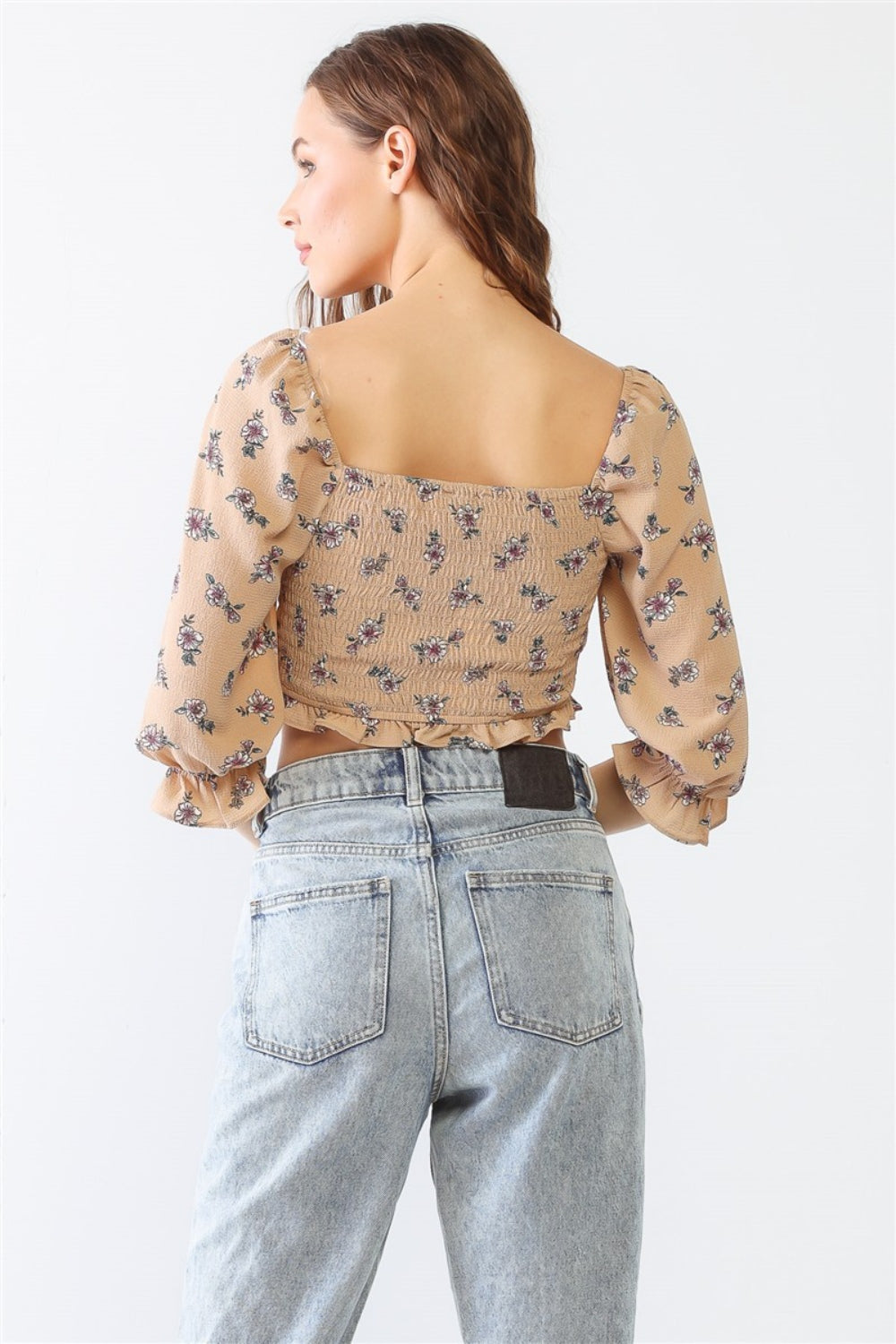 Tasha Apparel Floral Ruffle Smocked Back Ruched Crop Top