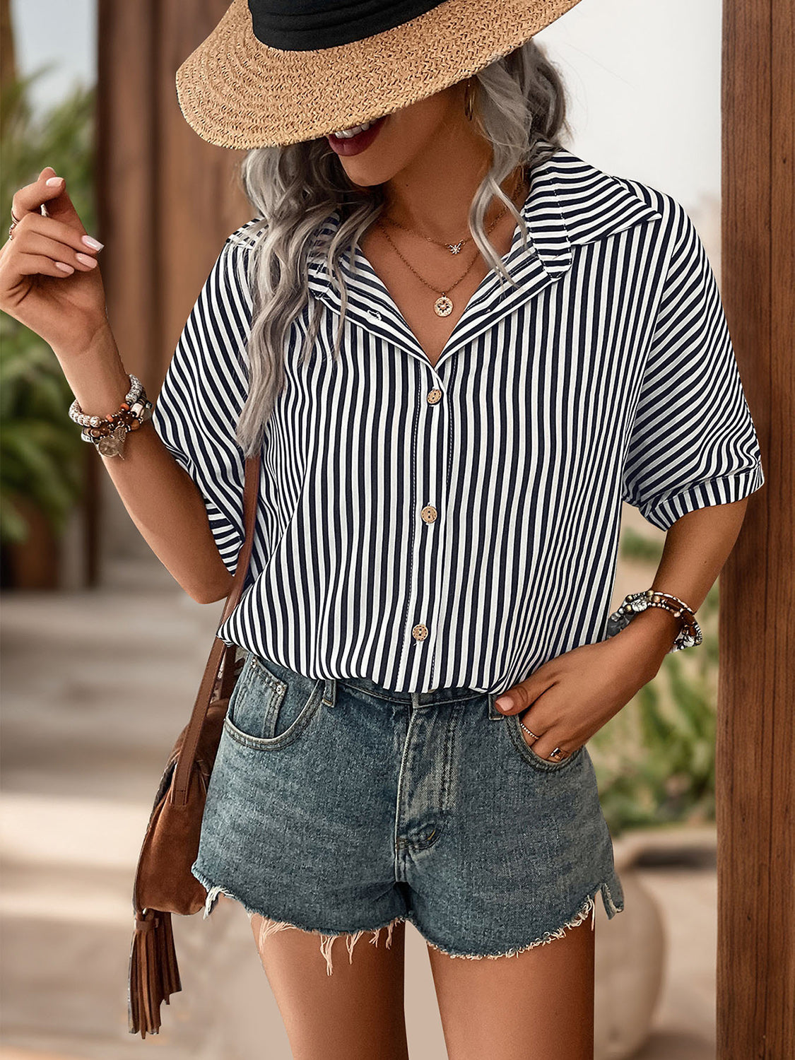 Striped Collared Neck Half Sleeve Shirt