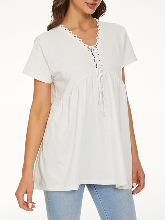 Lace Detail Tie Neck Short Sleeve T-Shirt