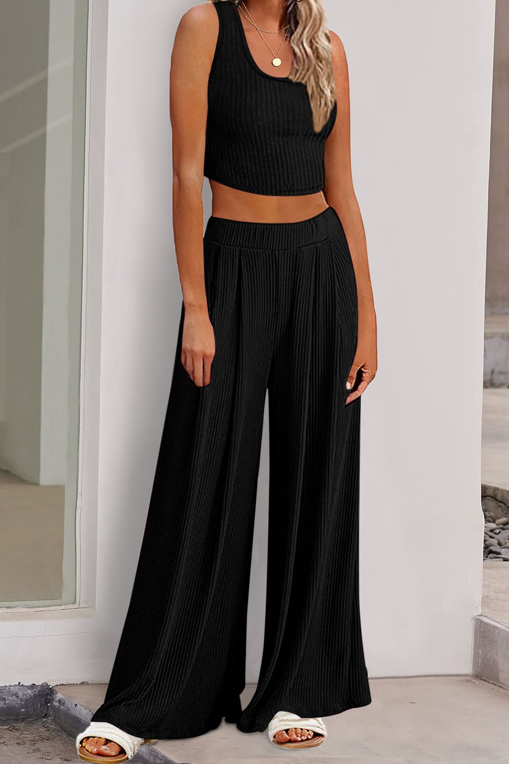 Scoop Neck Top and Wide Leg Pants Set