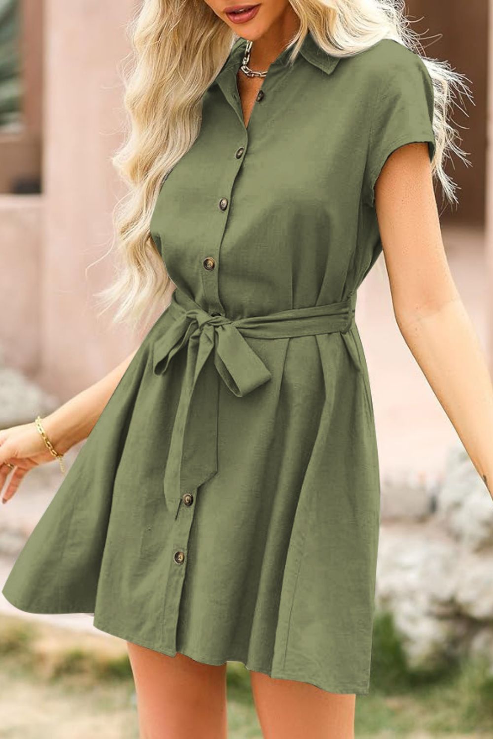 Tied Button Up Short Sleeve Dress