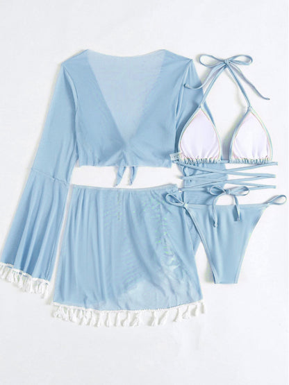 Halter Neck Bra, Bottom, Tassel Flare Sleeve Cover-Up and Skirt Four-Piece Swim Set