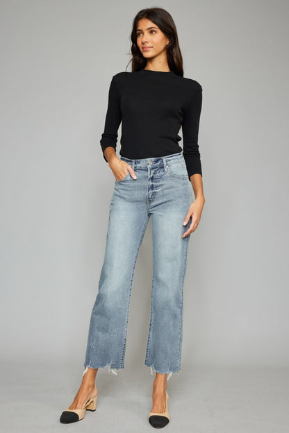 Kancan High Waist Raw Hem Cropped Wide Leg Jeans