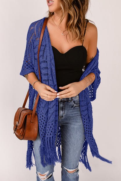 Openwork Open Front Cardigan with Fringes