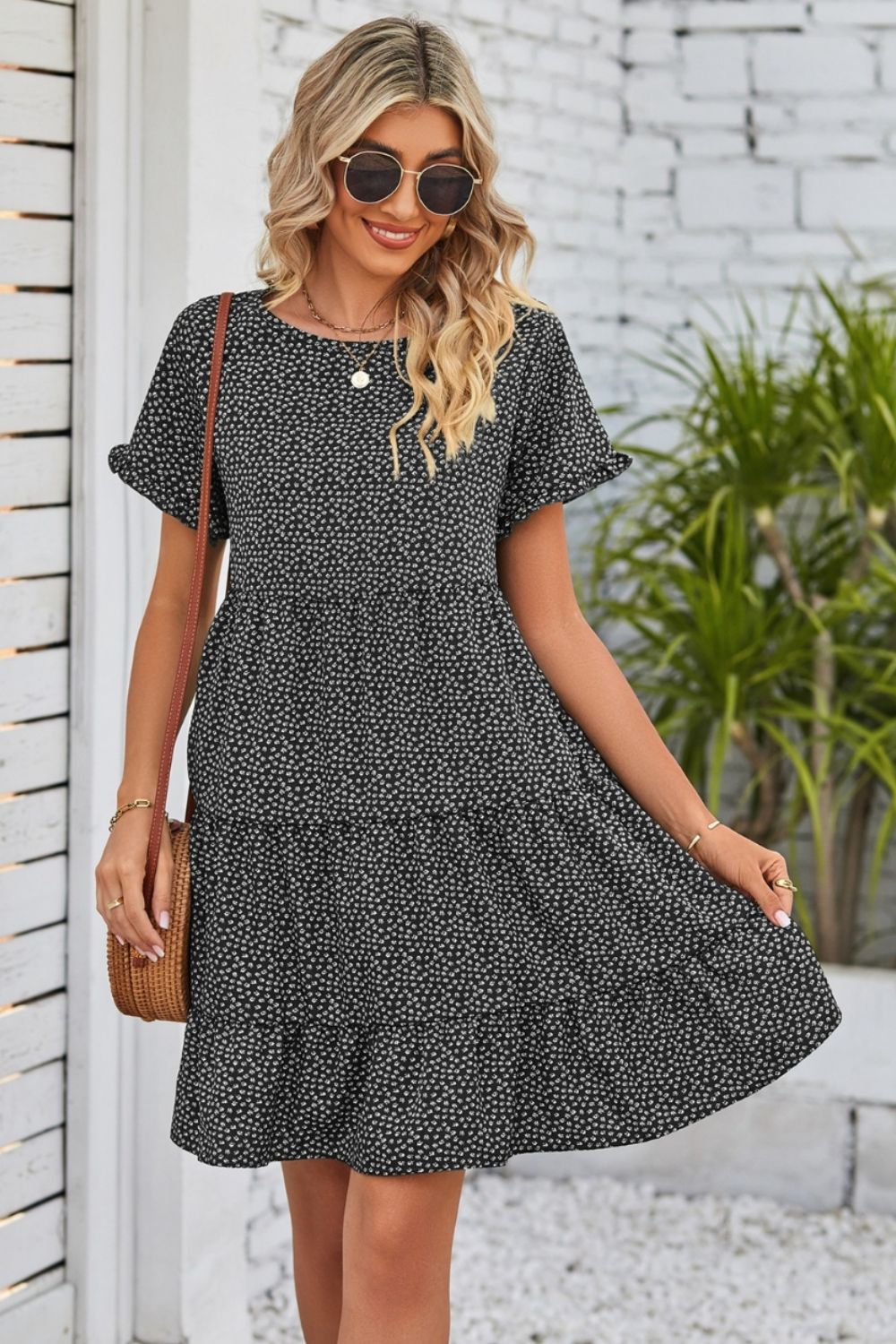 Polka Dot Round Neck Tiered Dress