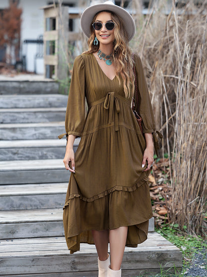 Ruched Frill Long Sleeve Tiered Dress